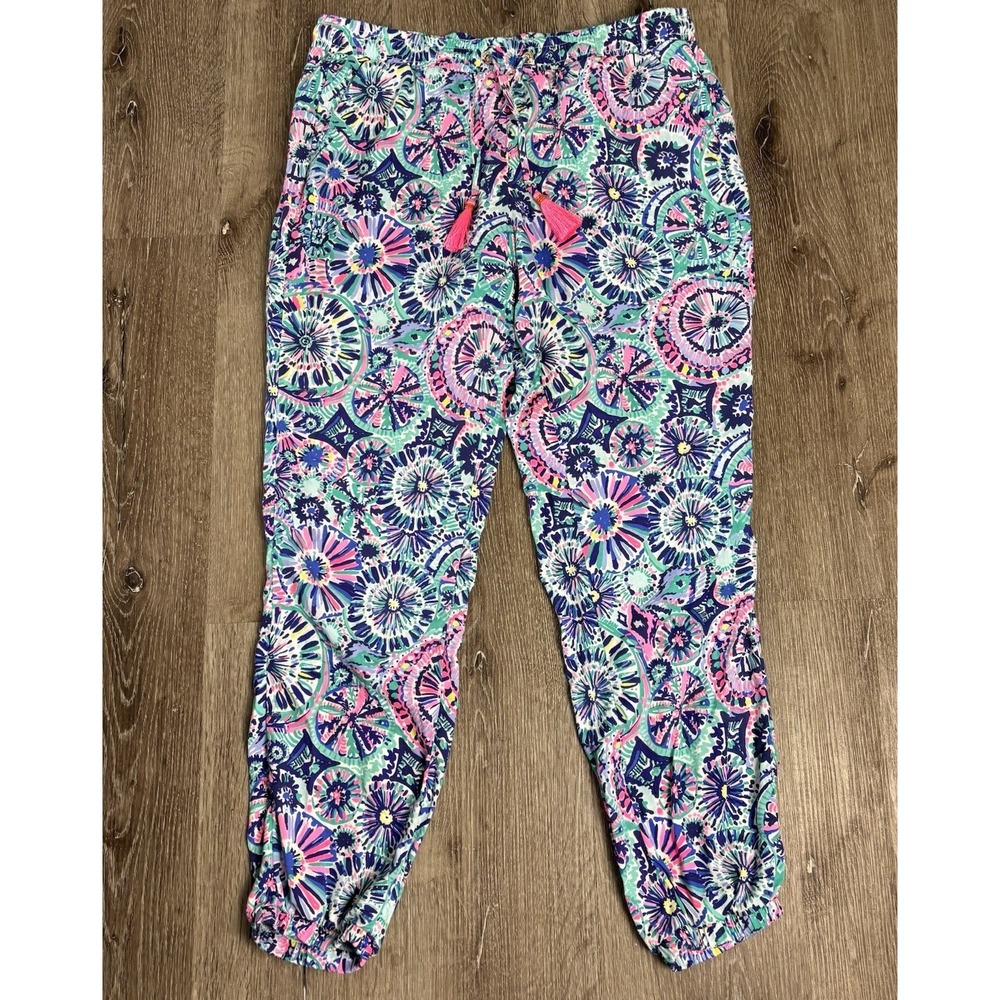 Lilly Pulitzer Piper Jogger‎ Pants M Elastic Waist Tassels Swim Only Print
